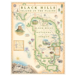 Mount Rushmore-Black Hills National Forest Carte dessinée à la main Affiche-Authentique 18x24 vintage-Style Art mural-Lithographique Imprimé fabriqué aux États-Unis