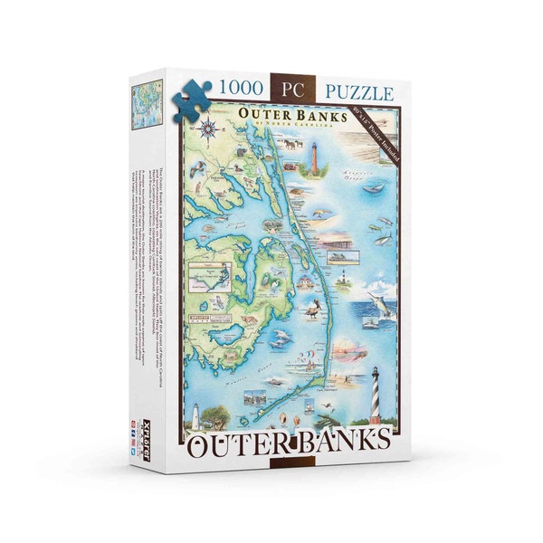 North Carolina, Outer Banks Map Cardboard Jigsaw Puzzle-1000 Pieces, Hand-Illustrated-Family Activity, Ages 8+, Includes Poster