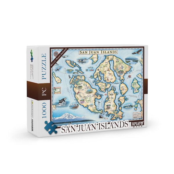San Juan Islands Map Cardboard Jigsaw Puzzle-1000 Pieces, Hand-Illustrated-Family Activity, Ages 8+, Includes Poster