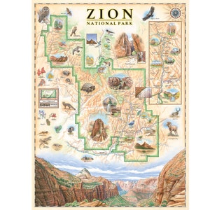 Affiche de carte dessinée à la main du parc national de Zion - Art mural authentique de style vintage 18x24 - Impression lithographique avec des encres à base de soja - Made in USA