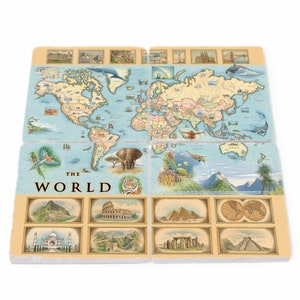 May include: A set of four square coasters featuring a world map with various landmarks and animals. The coasters are beige with a light blue background and have a brown border. The text "THE WORLD" is printed in brown at the bottom of the coasters.