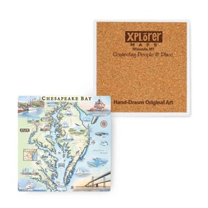 Dessous de verre en forme de carte de la baie de Chesapeake en céramique avec base en liège - Lot de 4