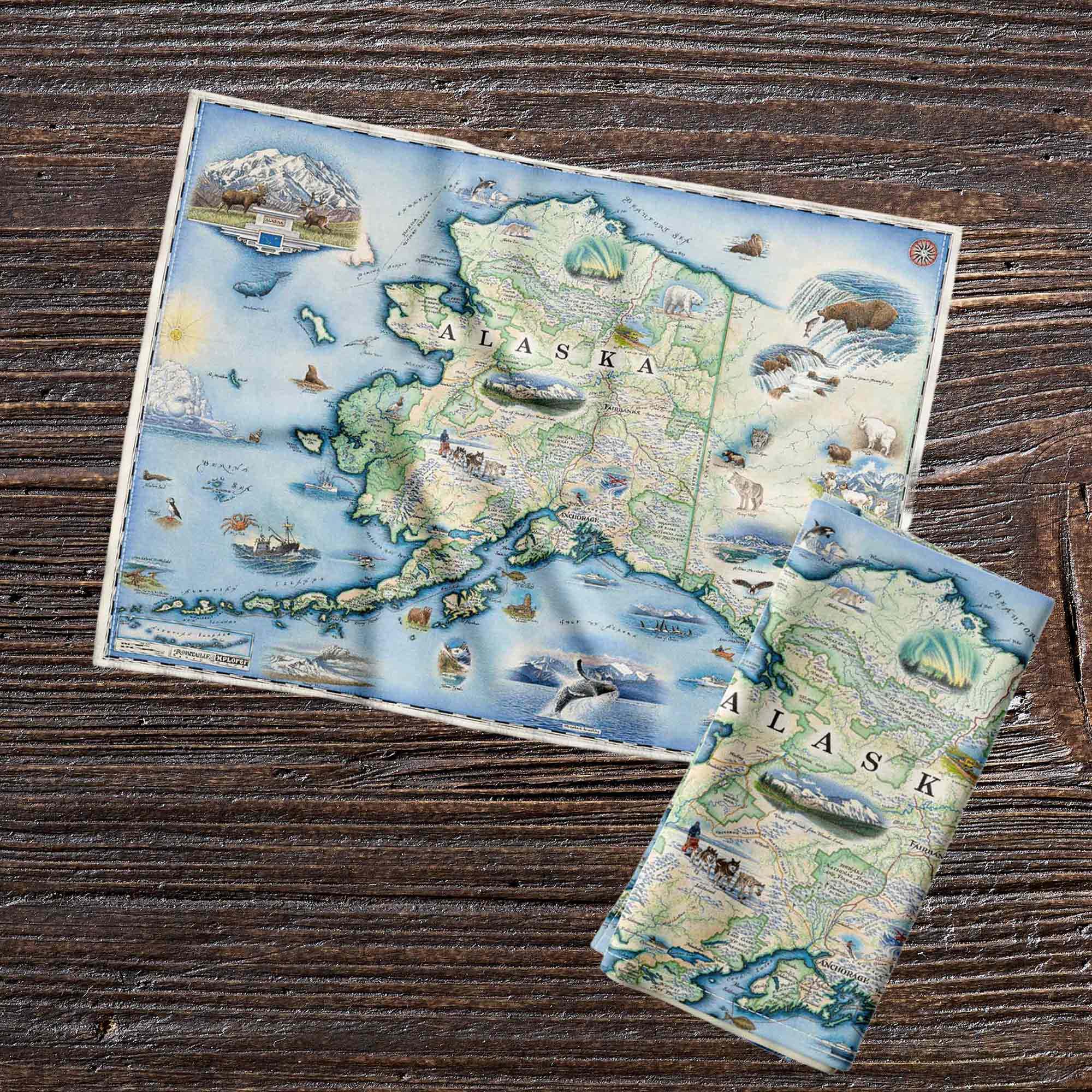 Alaska State Map Multi-Use Microfiber Towel - 16x24 Inch Hand-Drawn Design