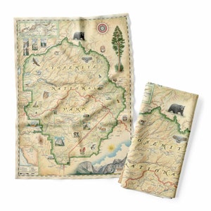 Asciugamano da cucina con mappa del parco nazionale di Yosemite - Asciugamano decorativo in sacco di farina - 100% cotone - 18" x 24"