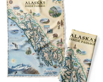 Alaska's Inside Passage Map Kitchen Towel - Decorative Flour Sack Tea Towel - 100% Cotton - 18" x 24"