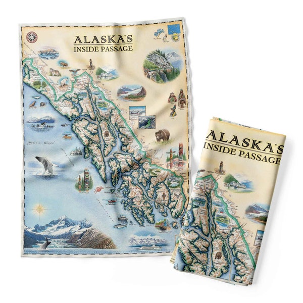 Alaska's Inside Passage Map Kitchen Towel - Decorative Flour Sack Tea Towel - 100% Cotton - 18" x 24"