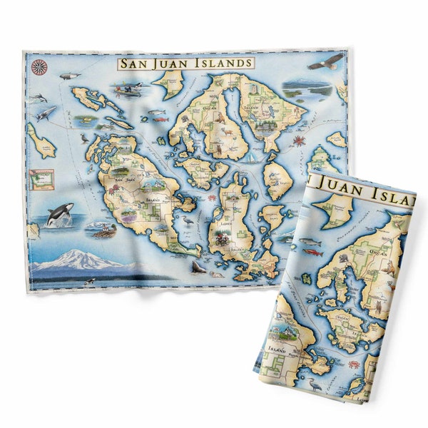 San Juan Islands Map Kitchen Towel - Decorative Flour Sack Tea Towel - 100% Cotton - 18" x 24"