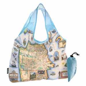 Sac fourre-tout en nylon avec carte de la baie de San Francisco - Sac à provisions réutilisable, écologique, lavable