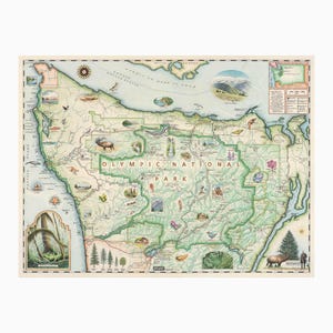 Affiche de carte dessinée à la main du parc national olympique - Art mural authentique de style vintage 24 x 18 - Impression lithographique avec des encres à base de soja - Fabriqué aux États-Unis