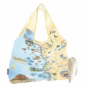 Un sac fourre-tout réutilisable California Central Coast State Parks avec une carte dessinée à la main des parcs côtiers pittoresques, des plages et des sentiers.