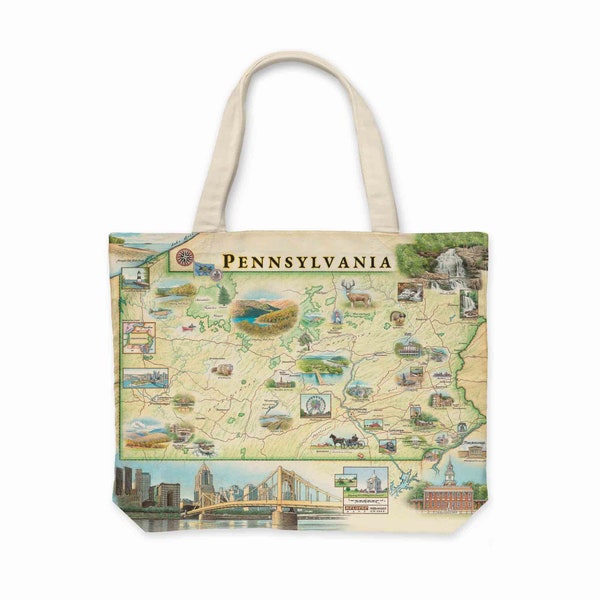 Pennsylvania State Map Canvas Tote with Handles, Cloth Grocery Shopping Bag, Reusable & Eco-friendly Bag, 100% Cotton, Washable, 18x15
