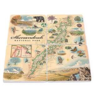 Posavasos de piedra natural con el mapa de los parques nacionales de Shenandoah (juego de 4), fabricados en EE. UU.