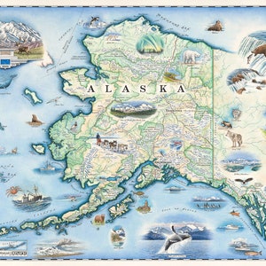 carte dessinée à la main de l'état de l'Alaska | Authentique style vintage 24 x 18 cm | Impression lithographique avec des encres à base de soja | Fabriqué aux États-Unis | Couleurs neutres