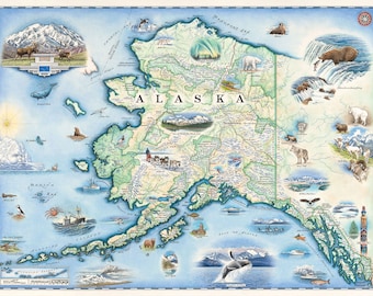 carte dessinée à la main de l&#39;état de l&#39;Alaska | Authentique style vintage 24 x 18 cm | Impression lithographique avec des encres à base de soja | Fabriqué aux États-Unis | Couleurs neutres