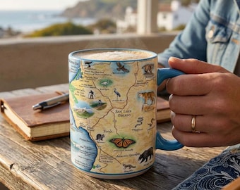 Central California Coast Map Mug - 16 oz Hand-Drawn Ceramic Coffee Cup (Blue)