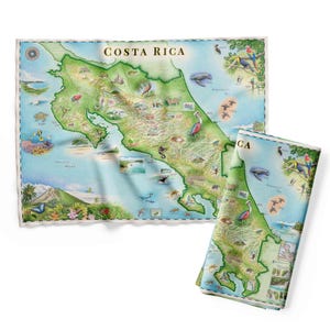 May include: A light blue map of Costa Rica with detailed illustrations of local flora and fauna. The map includes the text "COSTA RICA" and is displayed flat and folded, showcasing the design.