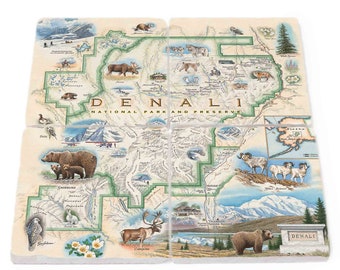 Denali National Park Map Natural Stone Coasters - Set of 4, Made in USA