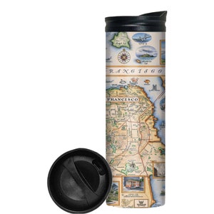 Vaso de viaje con tapa antiderrames y mapa de la bahía de San Francisco - Vaso de café de acero inoxidable de doble pared con aislamiento al vacío