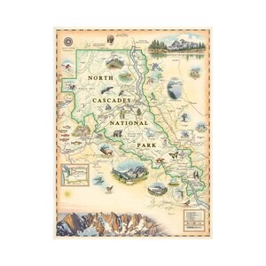 Cartaz de mapa desenhado à mão do Parque Nacional North Cascades - Arte de parede autêntica de estilo vintage de 18 x 24 - Impressão litográfica com tintas à base de soja - Feito nos EUA