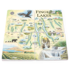 Posavasos de piedra natural con el mapa de Finger Lakes de Nueva York (juego de 4), fabricados en EE. UU.