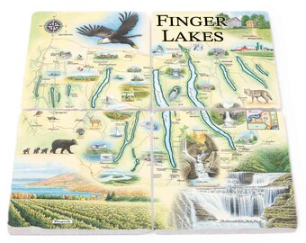 New York's Finger Lakes Map Natural Stone Coasters - Set of 4, Made in USA