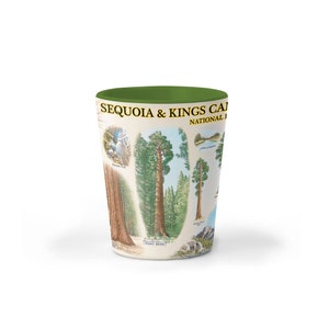 May include: A green and white reusable cup with a design featuring illustrations of trees and the text "Sequoia & Kings Canyon National Park".