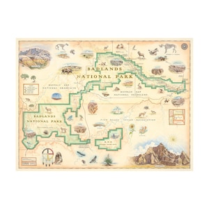 Affiche de carte dessinée à la main du parc national des Badlands | Authentique 24x18 - Style vintage | Impression lithographique | Fabriqué aux États-Unis | Couleurs neutres