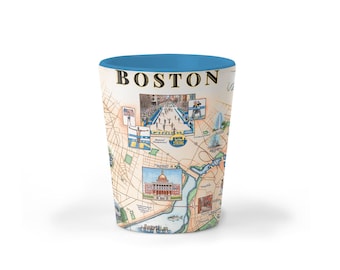 Keramiskt snapsglas med Boston-karta, resesouvenir
