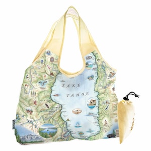 Lake Tahoe Map Nylon Pouch Tote Bag  - Reusable, Eco-friendly  Shopping Bag, Washable