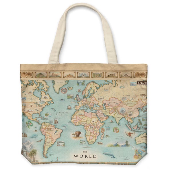 World Map Canvas Tote Bag - Beautiful Hand-drawn Map - Map Gift - Reusable Tote Bag - Map Tote Bag