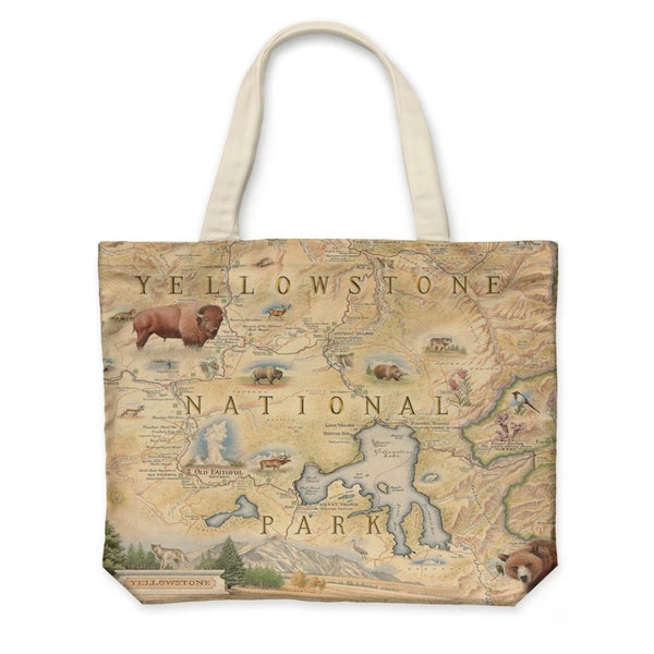 Yellowstone National Park Map Canvas Tote with Handles, Cloth Grocery Shopping Bag, Reusable & Eco-friendly Bag, 100% Cotton, Washable