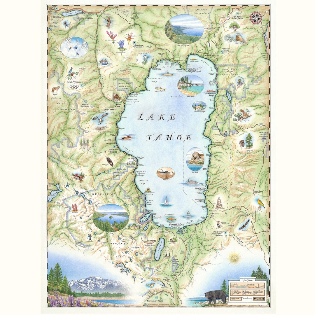 Lake Tahoe Hand-drawn Map Poster Authentic 18x24 Vintage-style Lithographic Print With Soy-based ...