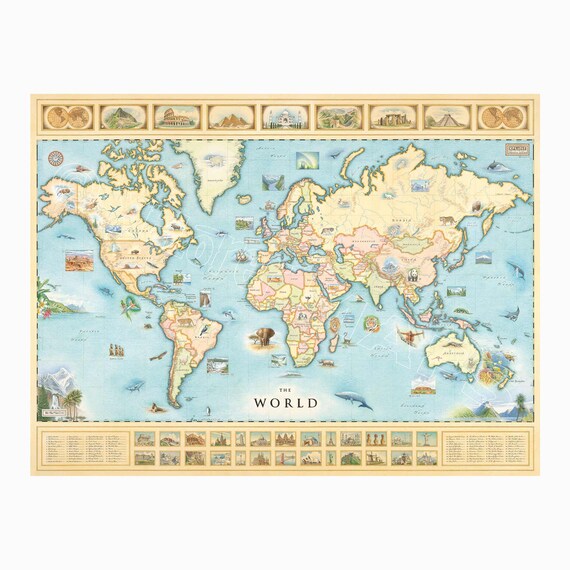 World Map Print | Hand-drawn Fine Art Lithograph - Etsy