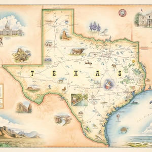 Texas State Handgezeichnete Karte Poster | Authentisches 24x18 - Vintage-Style | Lithografischer Druck mit sojabasierten Tinten | Made in USA | Neutrale Farben