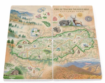 Great Smoky Mountain National Park Map Natural Stone Coasters - Set of 4, Made in USA