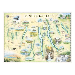 carte dessinée à la main de Finger Lakes | Authentique style vintage 24 x 18 | Impression lithographique avec des encres à base de soja | Fabriqué aux États-Unis | Couleurs neutres