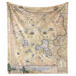 Yellowstone National Park Map Fleece Blanket Soft, Cozy, and Warm Throw 58x 50 Multicolor, Neutral, Blue, Green, Brown, Beige image 2