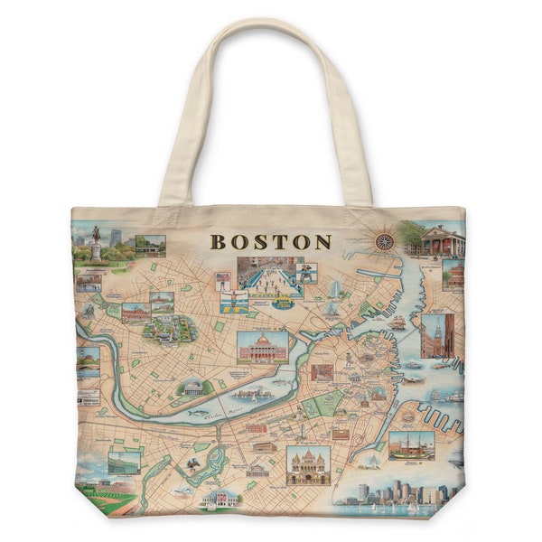 Boston City Map Canvas Tote with Handles, Cloth Grocery Shopping Bag, Reusable & Eco-friendly Bag, 100% Cotton, Washable, 18x15