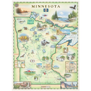Affiche de carte dessinée à la main de l'État du Minnesota | Authentique 18x24 - Style vintage | Impression lithographique | Fabriqué aux États-Unis | Couleurs neutres