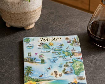 Hawaii Map Ceramic Coaster, 4-Inch Cork-Backed Island Souvenir - Set of 4