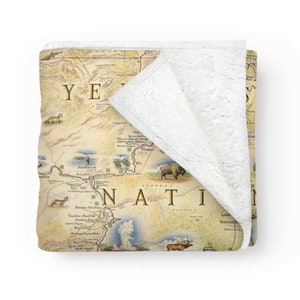 Yellowstone National Park Map Fleece Blanket  - Soft, Cozy, and Warm Throw - 58"x 50" - Multicolor, Neutral, Blue, Green, Brown, Beige