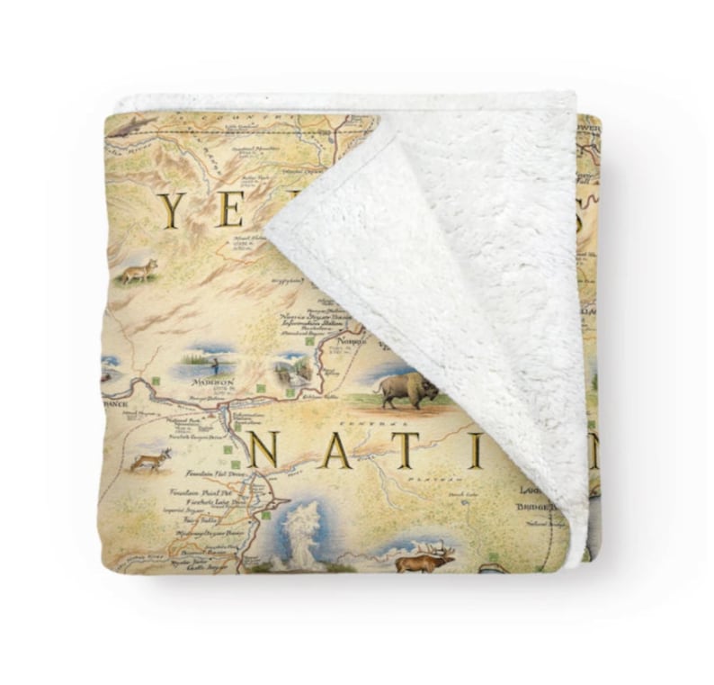 Yellowstone National Park Map Fleece Blanket Soft, Cozy, and Warm Throw 58x 50 Multicolor, Neutral, Blue, Green, Brown, Beige image 1