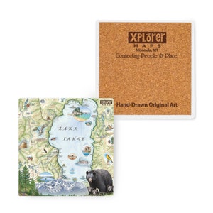 Sottobicchieri in ceramica con mappa del lago Tahoe e base in sughero, set da 4