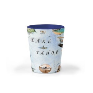 Copo de cerâmica com mapa do Lago Tahoe, sem BPA - para escritório, casa, presente, festa - durável e comporta 1,5 oz - azul