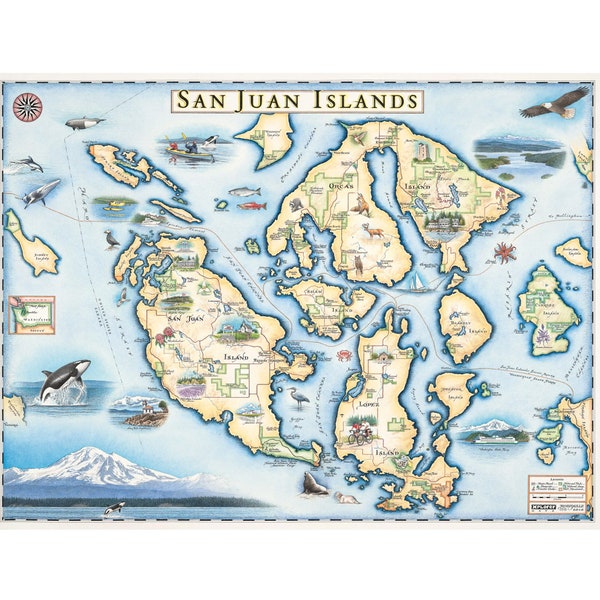 San Juan Islands Hand-Drawn Map Poster|Authentic 24x18 Vintage-Style | Lithographic Print with Soy-Based Inks | Made in USA | Neutral Colors