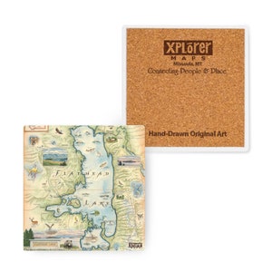 Montana&#39;s Flathead Lake Map Ceramic Coasters with Cork Base - Set of 4