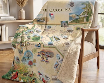 Coperta con mappa della Carolina del Nord – in tessuto berbero e micropile (147 x 127 cm)