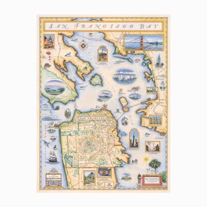 Affiche de carte dessinée à la main de la baie de San Francisco | Style vintage authentique 18 x 24 | Impression lithographique avec encres à base de soja | Fabriqué aux États-Unis | Couleurs neutres