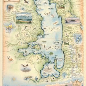 Affiche de la carte dessinée à la main de Flathead Lake Montana| Authentique 24x18 vintage-Style| Impression lithographique avec des encres à base de soja| Fabriqué aux États-Unis| Couleurs neutres