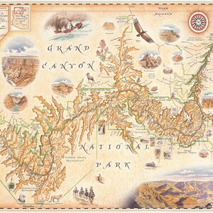 Affiche de carte dessinée à la main du parc national du Grand Canyon | Authentique 24x18 - | de style vintage | d’impression lithographique Fabriqué aux États-Unis | Couleurs neutres